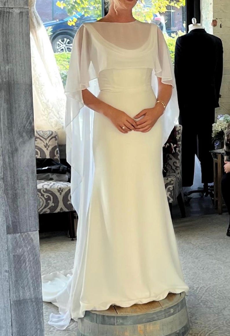 Bridal Cape | Silk Chiffon Wedding Capelet | Boho Sheer Chiffon Dress Topper | Minimalist Wedding Shawl | Cape Veil for Bride image 7