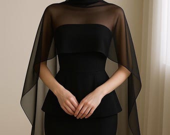 Soft Sheer Wedding Scarf – Black Silk Chiffon Shawl, Minimalist Wedding Dress Cover Up, Elegant Chiffon Wrap, Modern Accessory