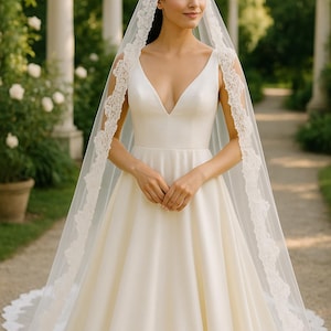 Cathedral Wedding Veil with Lace Trim | Long Lace Bridal Veil | Catholic Wedding Veil | Elegant Lace Edge Veil for Bride