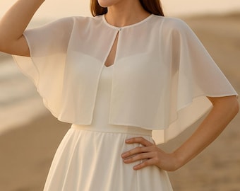 Chiffon Bridal Bolero: Sheer Wedding Capelet with Pearl Button