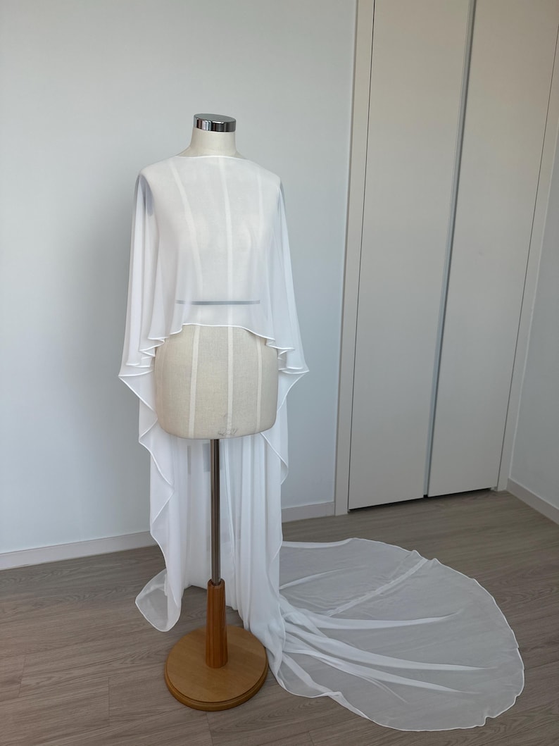 Bridal Cape | Silk Chiffon Wedding Capelet | Boho Sheer Chiffon Dress Topper | Minimalist Wedding Shawl | Cape Veil for Bride image 8