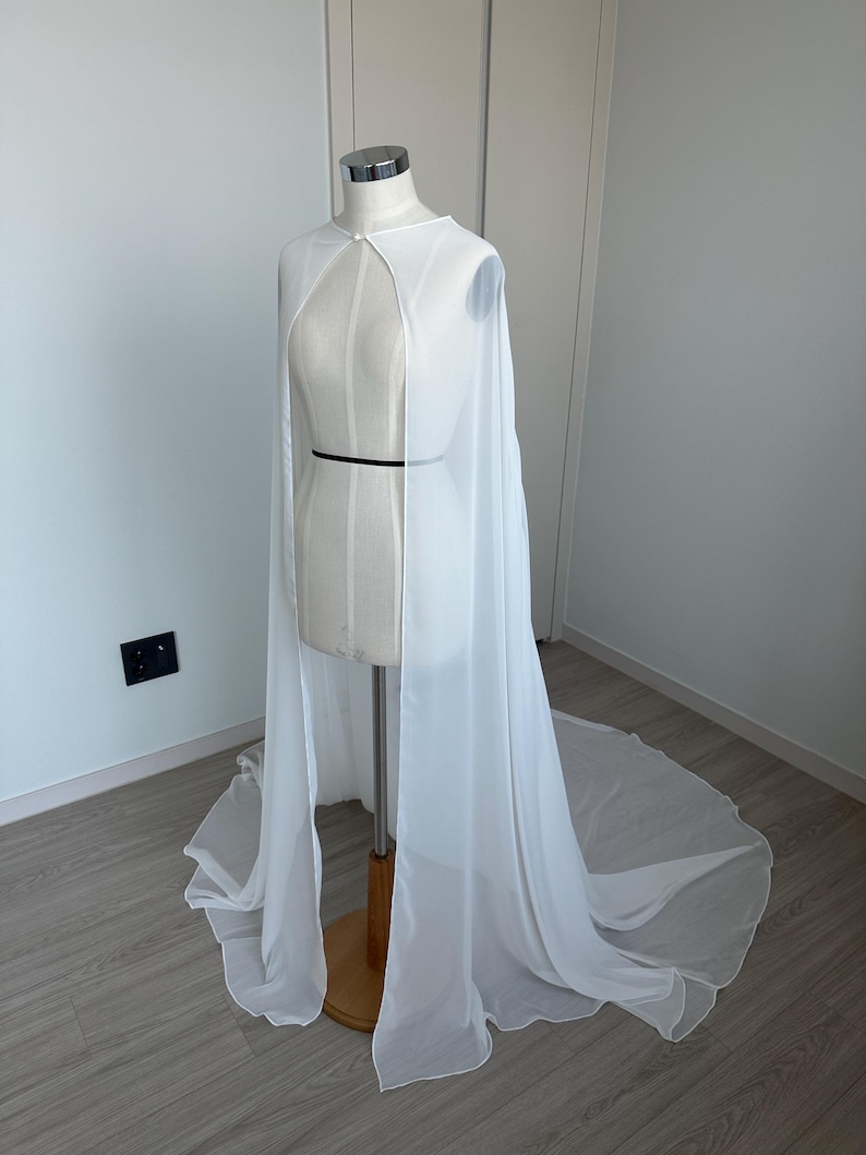 Bridal Silk Chiffon Cape – Long Wedding Capelet with Train, Sheer Bridal Cover-Up, Cathedral Cape for Strapless Dress, Shoulder Shawl image 6