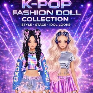 Może przedstawiać: Cyfrowa kolekcja lalek modowych K-Pop z dwiema lalkami w stylowych strojach. Obraz zawiera tekst "K-Pop Fashion Doll Collection" i "Instant Download - PDF". Kolekcja zawiera ponad 10 elementów mody, stroje i akcesoria.