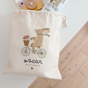Pochon / Sac à dos enfant - Lapin à vélo **PERSONNALISABLE**