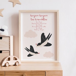 Kinderreim-Poster „Hallo Schwalben“.