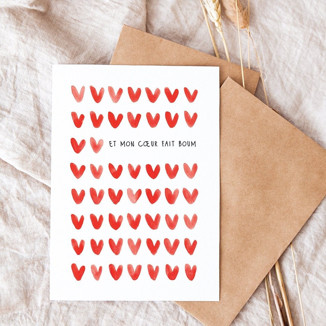 Affichette A5 Mon Coeur Fait Boum Aquarelle Love Coeurs Je T'aime