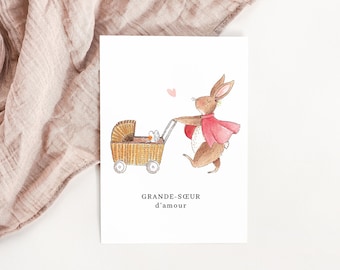 Carte Grande-soeur lapin aquarelle