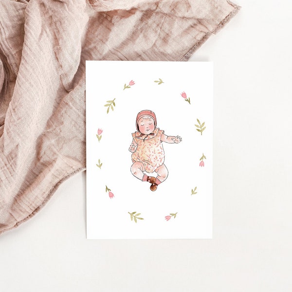 Carte naissance bébé fille aquarelle