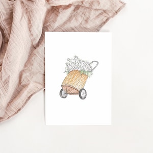 Carte panier roulette en rotin fleurs aquarelle