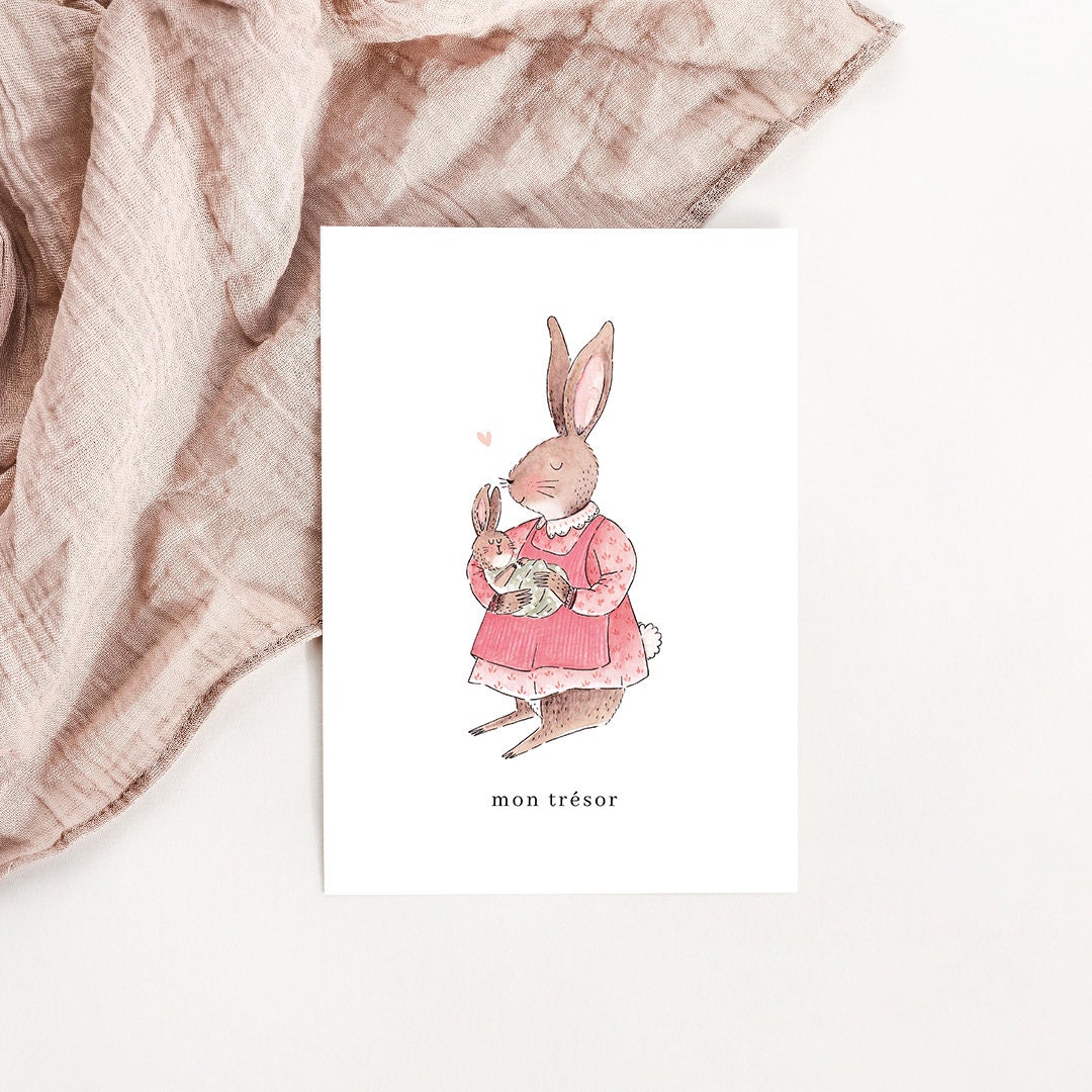 Watercolor Mother and Baby Rabbit Card - Etsy