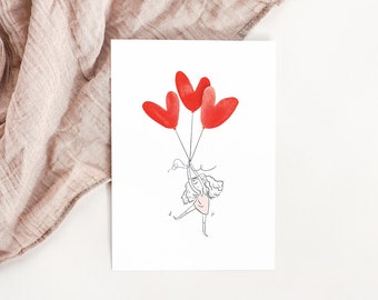 Card Little girl and flight of 3 heart balloons