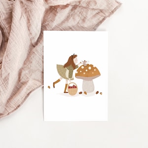 Carte automne fille au champignon