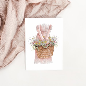 Carte femme panier de fleurs sauvages aquarelle