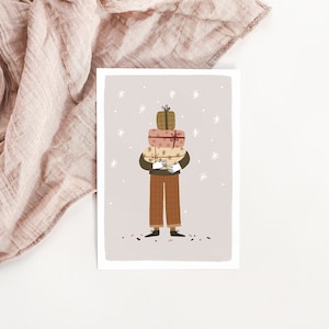 Weihnachtskarte kleiner Junge mit Geschenken