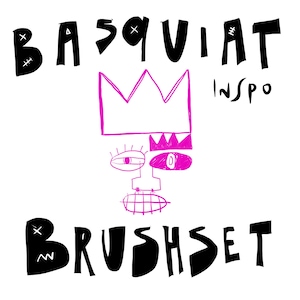 May include: A white background with the words "BASQUIAT INSP0 BRUSHSET" in black, stylized lettering. A pink crown and face graphic is centered between the words. The face has two eyes, a nose, and a mouth.