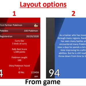 Puede incluir: Una tarjeta roja y negra con el texto "First Partner Pok&eacute;mon" y otra informaci&oacute;n sobre el Pok&eacute;mon, incluyendo el n&uacute;mero de Pok&eacute;dex, la fecha de registro, el n&uacute;mero de tipos de curry recogidos, la mejor puntuaci&oacute;n de rally, el n&uacute;mero de Pok&eacute;mon capturados, el n&uacute;mero de Pok&eacute;mon brillantes encontrados y el n&uacute;mero de identificaci&oacute;n del jugador. La tarjeta tambi&eacute;n presenta el n&uacute;mero "94" en la esquina inferior izquierda.