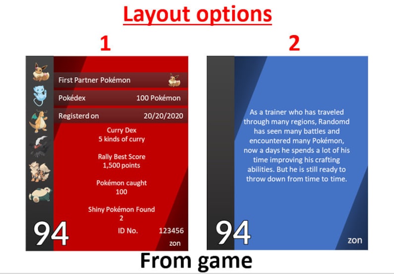 Puede incluir: Una tarjeta roja y negra con el texto "First Partner Pok&eacute;mon" y otra informaci&oacute;n sobre el Pok&eacute;mon, incluyendo el n&uacute;mero de Pok&eacute;dex, la fecha de registro, el n&uacute;mero de tipos de curry recogidos, la mejor puntuaci&oacute;n de rally, el n&uacute;mero de Pok&eacute;mon capturados, el n&uacute;mero de Pok&eacute;mon brillantes encontrados y el n&uacute;mero de identificaci&oacute;n del jugador. La tarjeta tambi&eacute;n presenta el n&uacute;mero "94" en la esquina inferior izquierda.