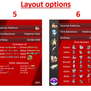 Puede incluir: Una infograf&iacute;a roja y negra con el t&iacute;tulo "Opciones de dise&ntilde;o" y dos columnas etiquetadas como "5" y "6". Cada columna contiene informaci&oacute;n sobre el Pok&eacute;mon favorito de una persona, su primera aventura, su cumplea&ntilde;os y otra informaci&oacute;n relacionada con Pok&eacute;mon.