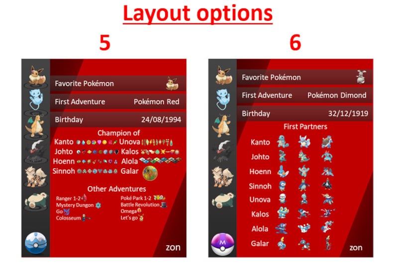 Puede incluir: Una infograf&iacute;a roja y negra con el t&iacute;tulo "Opciones de dise&ntilde;o" y dos columnas etiquetadas como "5" y "6". Cada columna contiene informaci&oacute;n sobre el Pok&eacute;mon favorito de una persona, su primera aventura, su cumplea&ntilde;os y otra informaci&oacute;n relacionada con Pok&eacute;mon.