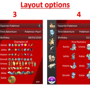 Puede incluir: Dos cartas de entrenador Pok&eacute;mon rojas y blancas con dise&ntilde;os diferentes. La carta de la izquierda tiene una lista de juegos de Pok&eacute;mon y la carta de la derecha tiene una lista de regiones de Pok&eacute;mon. Ambas cartas tienen un logotipo de Pok&eacute;mon en la esquina inferior izquierda.