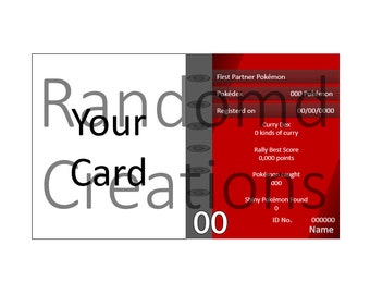 May include: A red and gray card with the text "Random Card Creations" and "First Partner Pokémon" with information about the Pokémon, including the Pokédex number, registration date, curry dex, rally best score, Pokémon caught, and shiny Pokémon found.