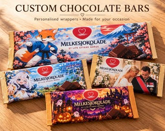 May include: Four rectangular chocolate bars with custom wrappers featuring diverse graphic designs, including a fox character, a wedding couple, an anime figure, and a Halloween theme, all labeled Melkesjokolade Et Lite Stykke Norge.