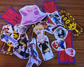 May include: A collection of colorful anime and video game character stickers. The stickers feature characters from Pokemon, Mario, and other popular franchises. The stickers are printed on white paper and have a glossy finish.
