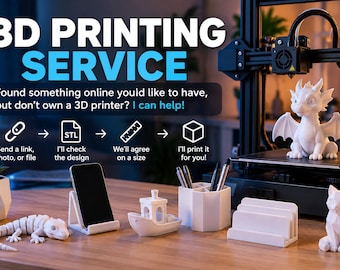 May include: A 3D printing service advertisement featuring a black 3D printer and white printed objects including a dragon, lizard, boat, phone stand, pen holder, card holder, and cat. Text reads 3D PRINTING SERVICE and process steps.
