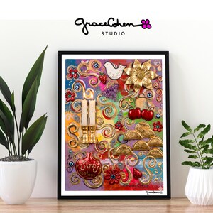 May include: A framed artwork with a colorful, textured design. The artwork features a gold flower, a white dove, grapes, cherries, and a pomegranate. The text "Grace Cohen Studio" is visible in the upper left corner and the artist's signature is in the lower right corner.
