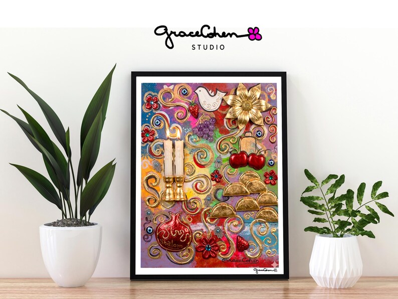 May include: A framed artwork with a colorful, textured design. The artwork features a gold flower, a white dove, grapes, cherries, and a pomegranate. The text "Grace Cohen Studio" is visible in the upper left corner and the artist's signature is in the lower right corner.