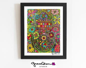 Hamsa Hand Art Print: Bohemian Spiritual Wall Decor, Grace Cohen Studio