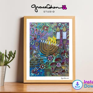 Hanukkah Menorah Judaica Print, Jewish Home Decor, Religious Wall Art, Holiday Gift