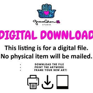 May include: Digital download listing with a Hamsa hand design, the text "DIGITAL DOWNLOAD" in bright pink, and the text "This listing is for a digital file. No physical item will be mailed."