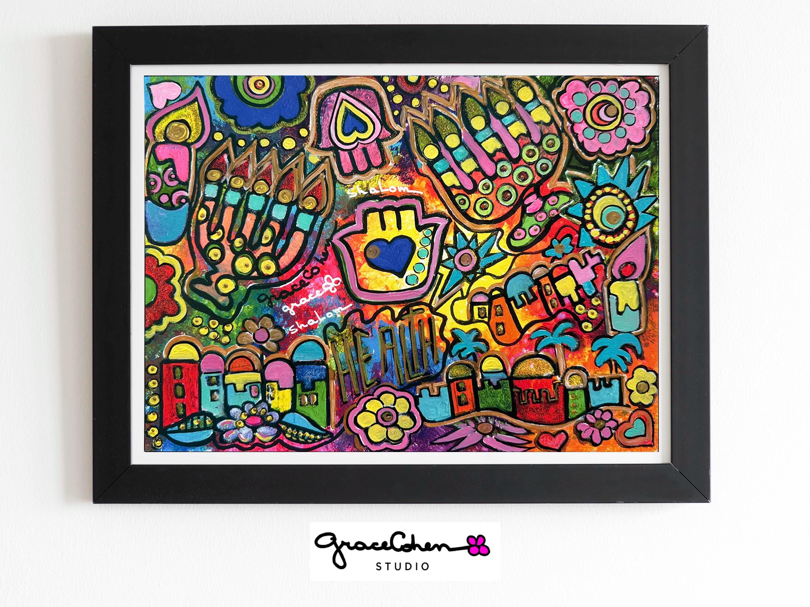 Original Hamsa Judaica Painting | Hand-Painted Hebrew Art on Fine Art Paper | Abstract Jewish Wall Art | Colorful Modern Jewish Gift