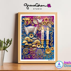 May include: A framed artwork with a vibrant, colorful design featuring Jewish symbols. Gold, silver, and blue elements include a Torah scroll, Star of David, candles, and a Hamsa hand. The artwork is set against a blue and purple background.