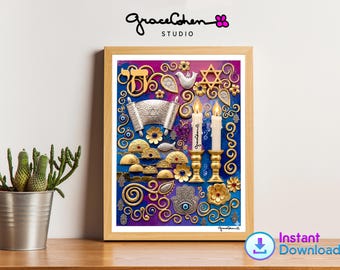 Hebrew Jewish Home Blessing Wall Art Print, Mixed Media Judaica Decor