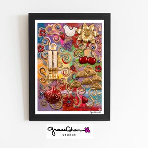 May include: Colorful framed artwork with a black border. The artwork features a variety of elements, including a white dove, gold flower, cherries, and candles. The artwork has a variety of colors, including red, gold, and purple.