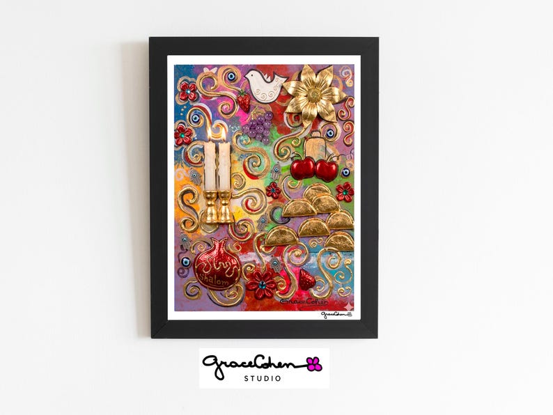 May include: Colorful framed artwork with a black border. The artwork features a variety of elements, including a white dove, gold flower, cherries, and candles. The artwork has a variety of colors, including red, gold, and purple.