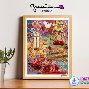 May include: A framed artwork with a vibrant, textured design. The artwork features a gold flower, a white dove, cherries, and other decorative elements. The frame is a light brown color. The text "GraceCohen Studio" is visible at the top.