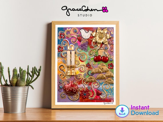 Hebrew Blessing Mixed Media Artwork, Judaica Decor, Jewish Home Art (Digital Download)