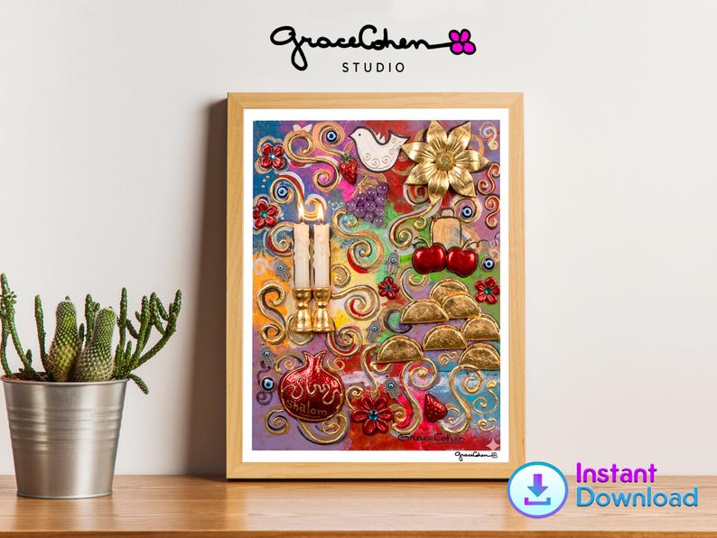 May include: A framed artwork with a vibrant, textured design. The artwork features a gold flower, a white dove, cherries, and other decorative elements. The frame is a light brown color. The text "GraceCohen Studio" is visible at the top.
