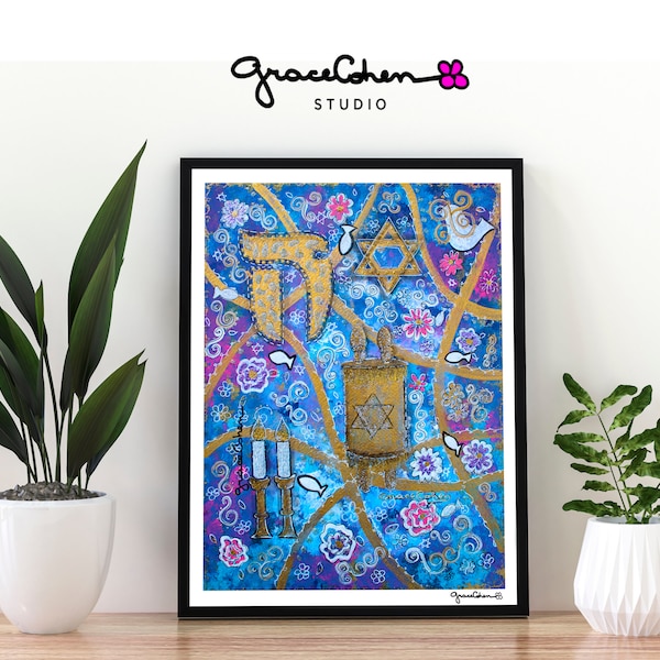 Bring Blessings Home: Download Vibrant Judaica Art Painting for Positive Energy and Protection by Grace Cohen Studio