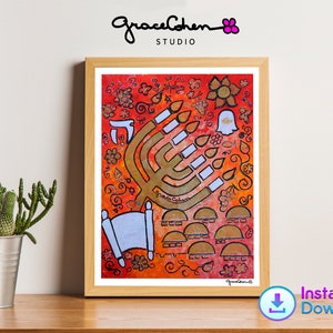 Printable Hanukkah Menorah, Digital Download, Hanukkah Decor Print, Holiday Celebration, Festival of Lights