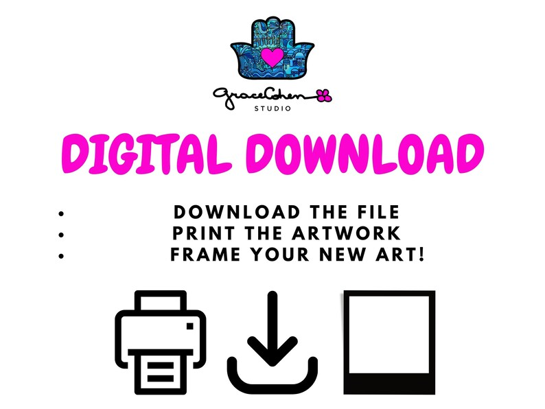 Puede incluir: Fondo blanco con el texto "DIGITAL DOWNLOAD" en rosa brillante. Debajo, el texto dice "DOWNLOAD THE FILE, PRINT THE ARTWORK, FRAME YOUR NEW ART!". Incluye una ilustraci&oacute;n de la mano de Hamsa e iconos para imprimir, descargar y enmarcar.