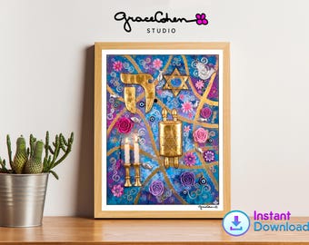 Jewish Blessing Wall Art | Mixed Media Judaica Print, Hebrew Home Decor Digital Download