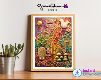 Descarga digital de arte judaico: Árbol de la Vida, lámina decorativa para pared con bendición judía