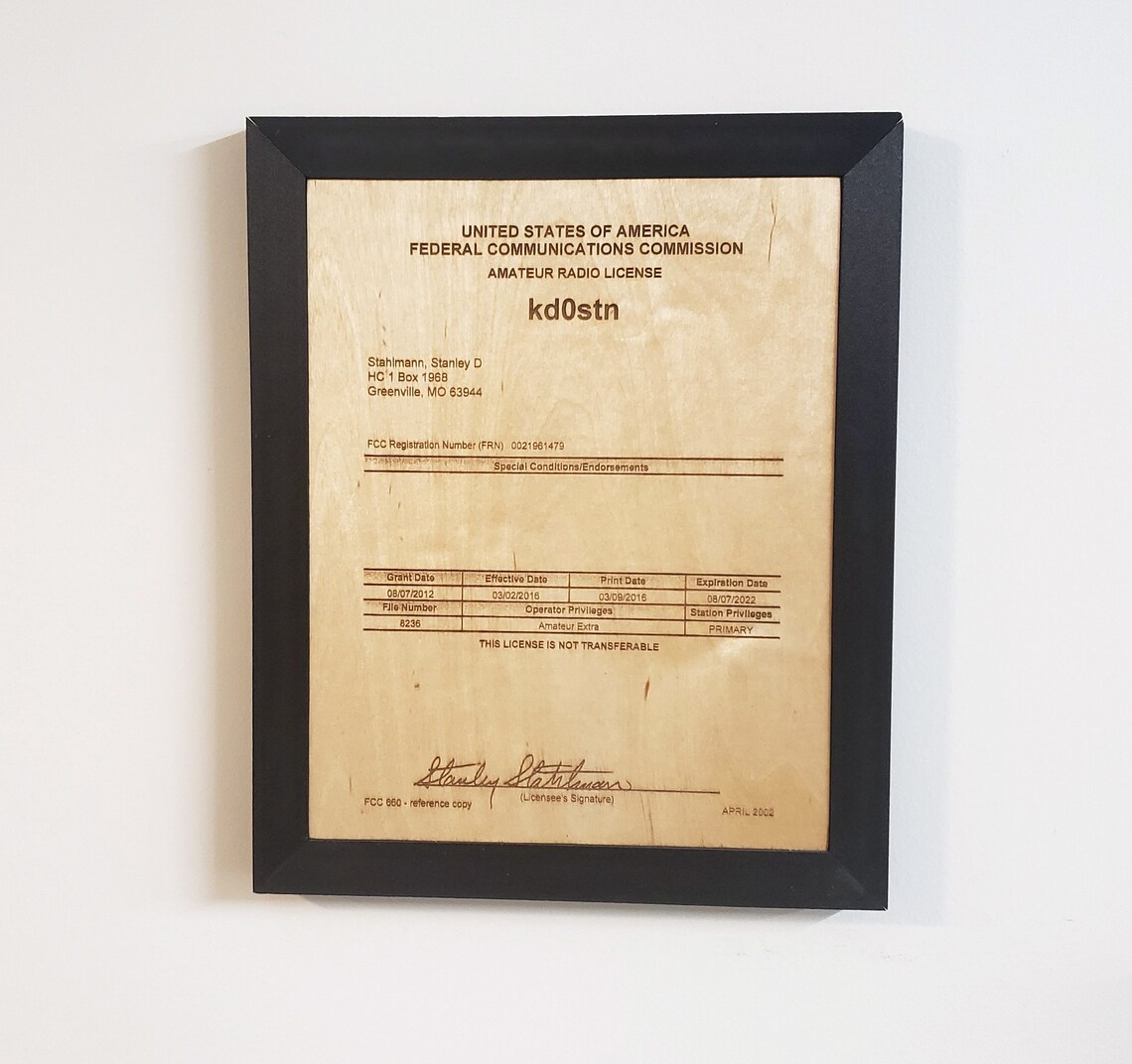 Laser Engraved Ham Radio License 8X10 Etsy