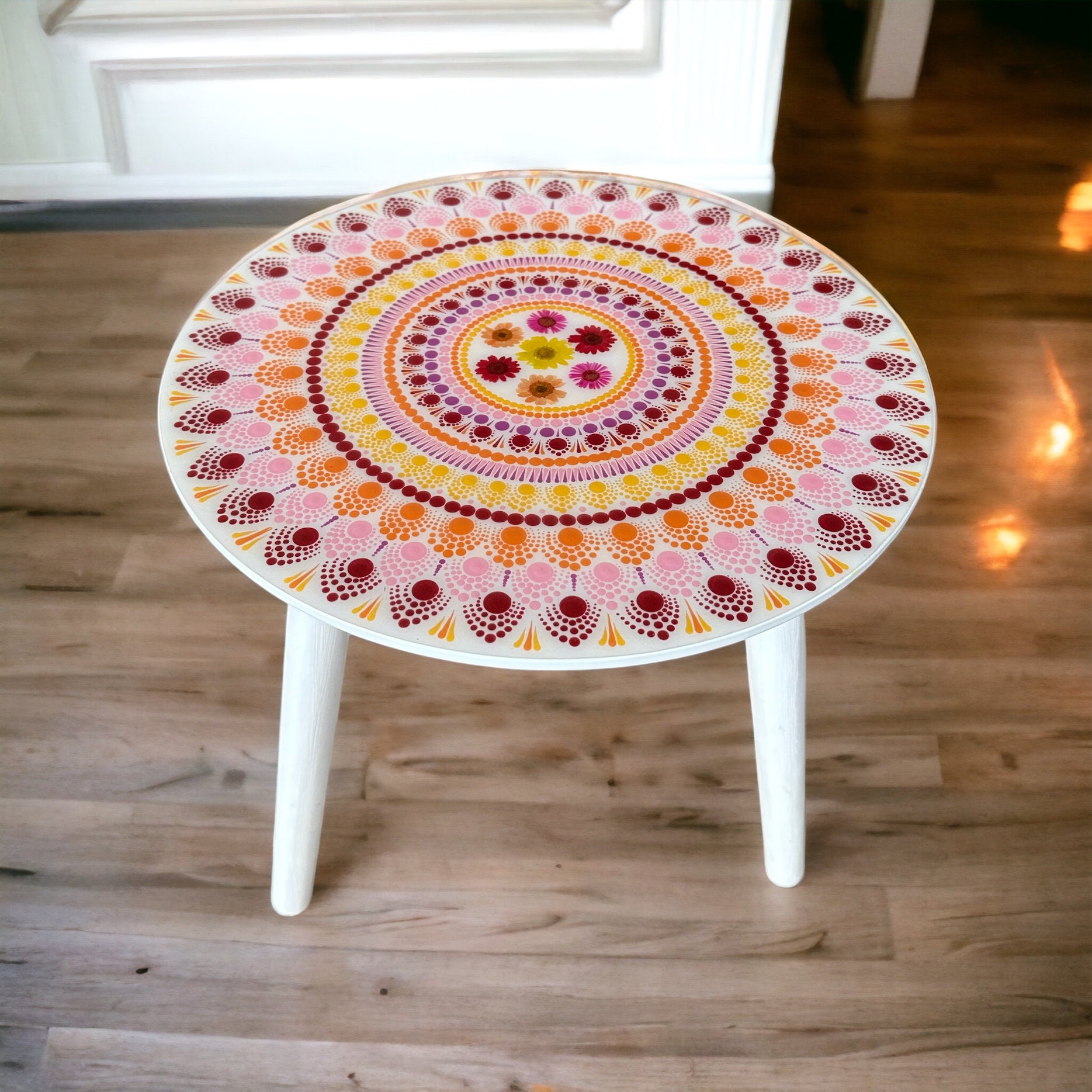 Artistic Mandala Dot Art Round Side Table Wooden Tea Table