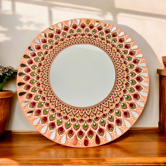 マンダラ鏡アート ドットマンダラミラー：手描きのボヘミアンウォールアート（40 cm