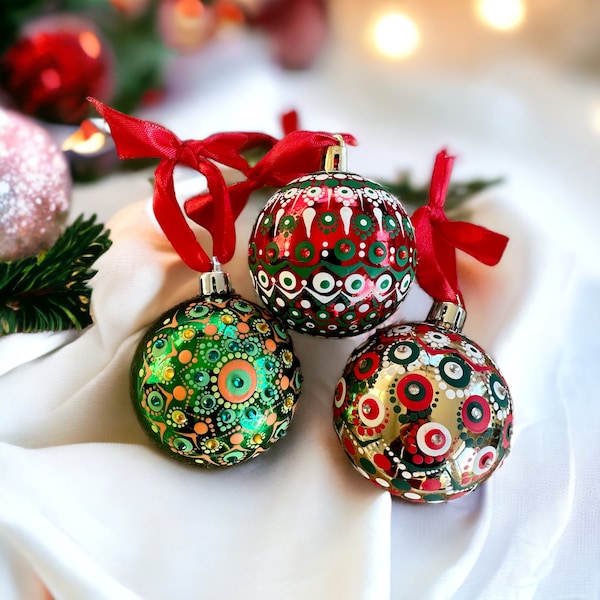 Hand Painted Mandala Christmas Ornament Tree, Set of 3 Green Red Gold,  Dot Art Painting, Christmas Gift, Personalized Christmas Decoration